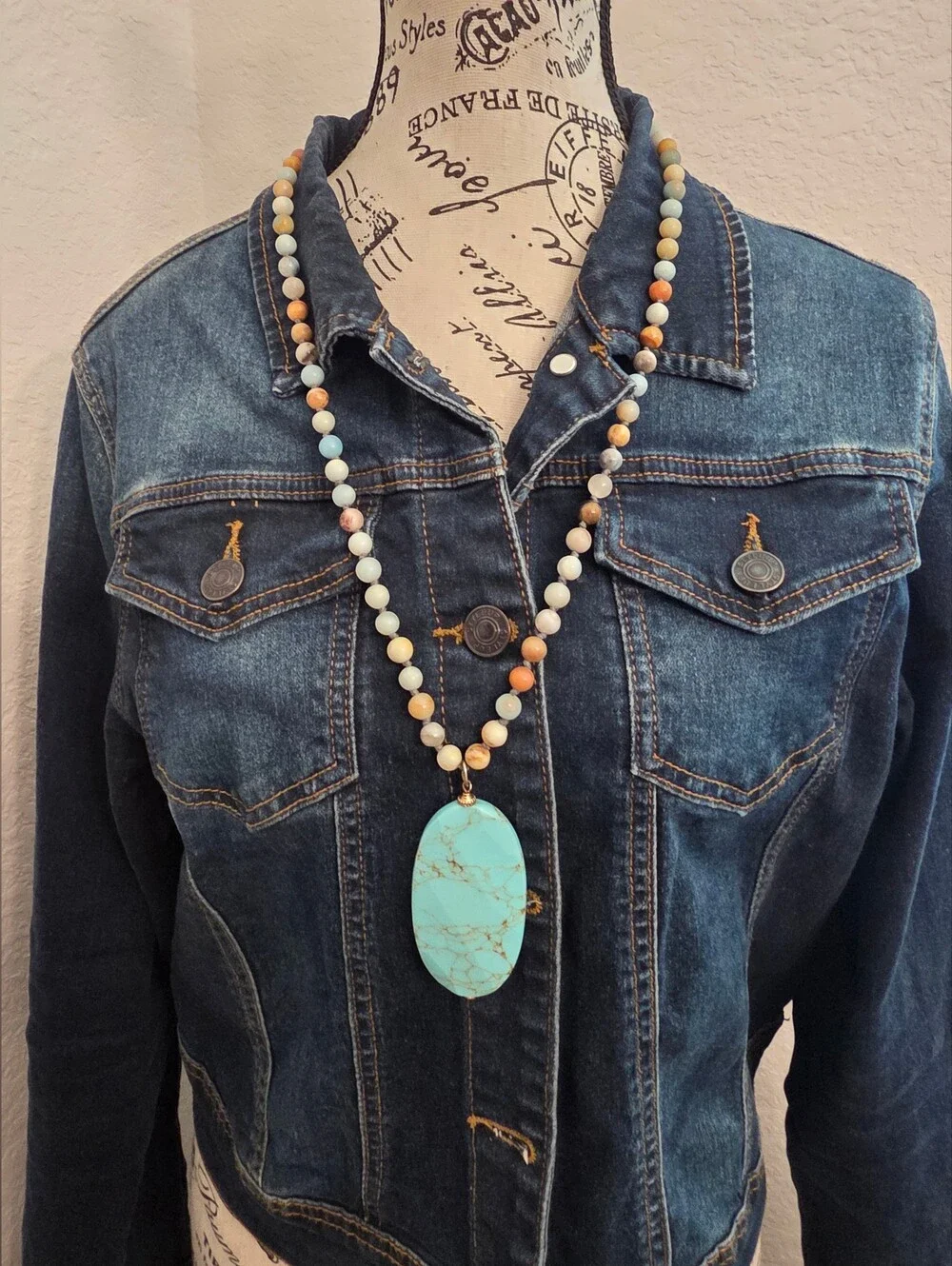 Boho Amazonite Beaded Necklace with Oversized Turquoise Pendant